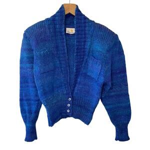 VTG Liz Claiborne Retro Blue Knit Wool Button Up Balloon Sleeve Cardigan Medium